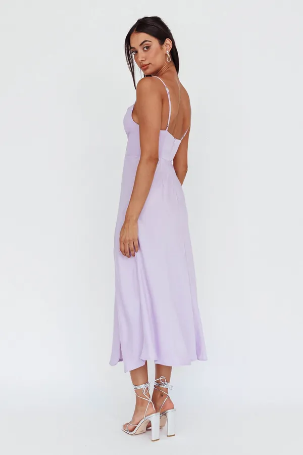 Selfie Leslie Lilac Suki Spaghetti Strap Cowl Neck Front Split Midi Dress - Image 4