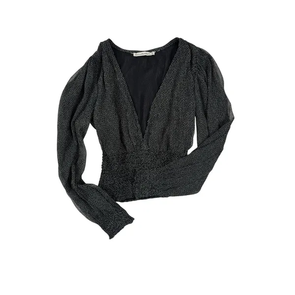 Abercrombie & Fitch Black Polka Dot Smocked‎ Waist Blouse XS Sheer Puff Sleeve - Image 3