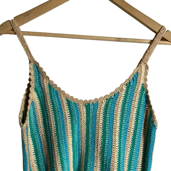Anthropologie RAGA Blue Tan Crochet Knit Fringe Hem Tank Top Size Small - Image 2
