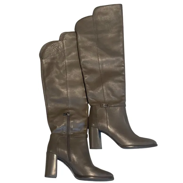 Antonio Melani‎ Grey Leather Over The Knee Mob Wife Boots 6M Chunky Heel Matrix - Image 4