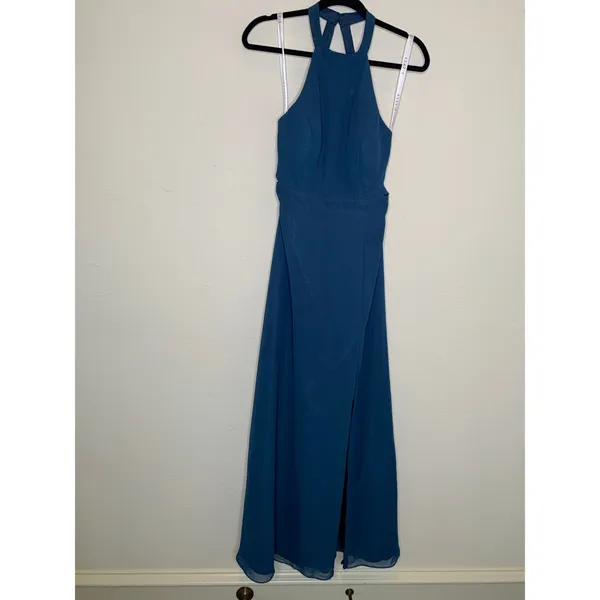 Azazie Teal Blue Strappy High Neck Halter Dress Sz 10A - Image 5