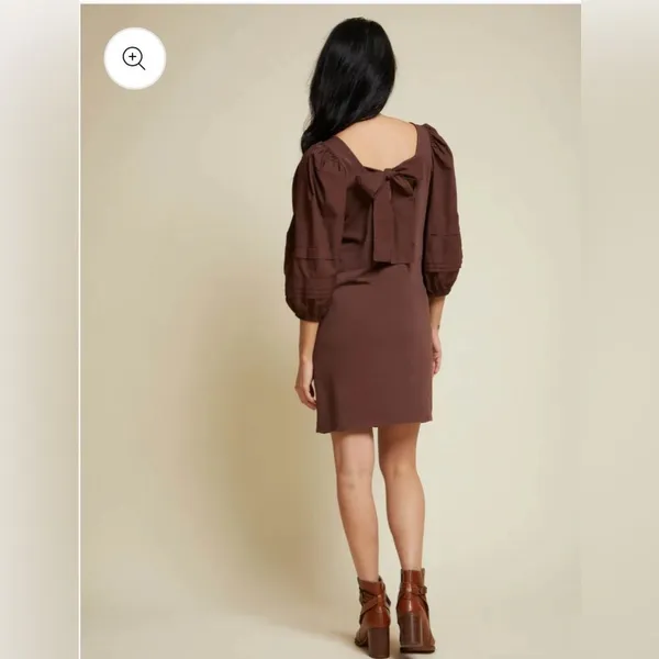 Nation LTD Calissa Brown Cotton Puff Sleeve Open Back Bow Mini Dress NWT XS - Image 4