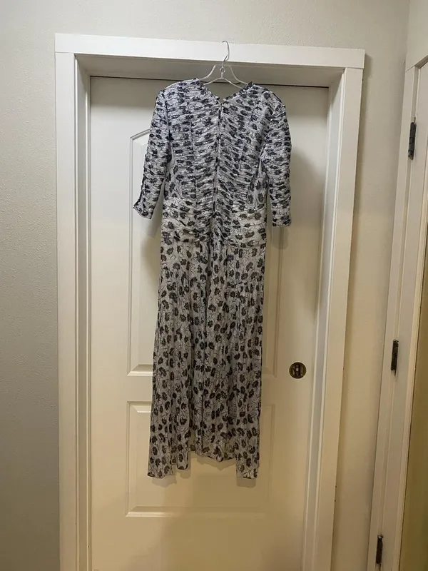 Rebecca Taylor Dress Womens 6 Blue Floral Ruched Fit Flare Midi 3/4 Sleeve - Image 4