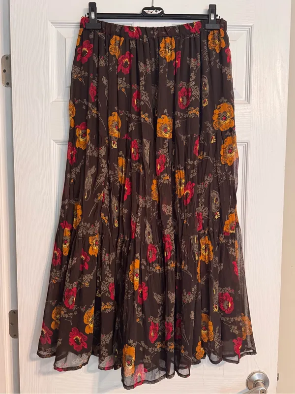 Vintage 90s/Y2K Autumn Brown Red Gold Floral Broomstick Gauzy Maxi Skirt Large - Image 2