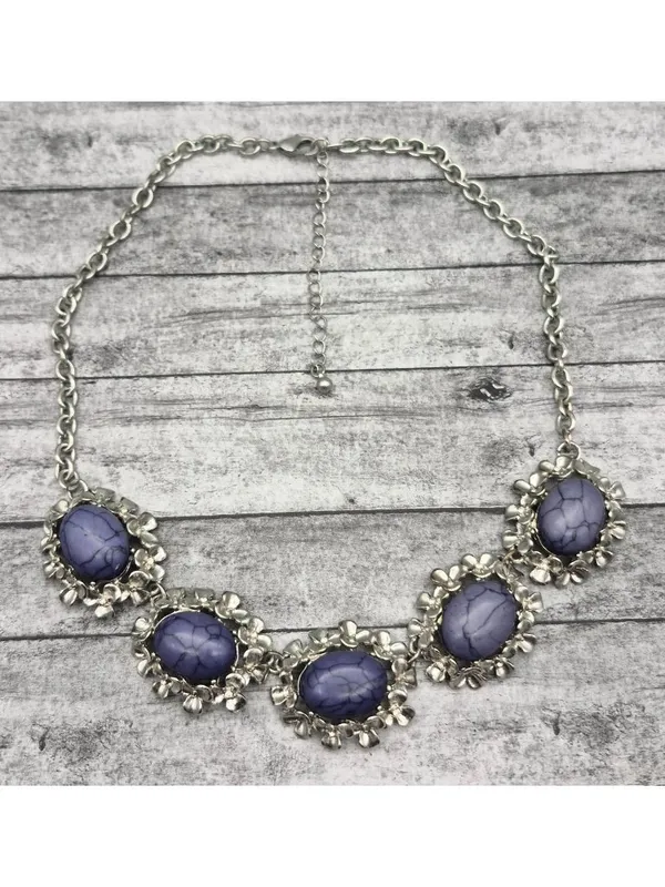 Silver-Tone Necklace W/ Purple Marble Stones & Floral Accents 21" Chain Length - Image 8