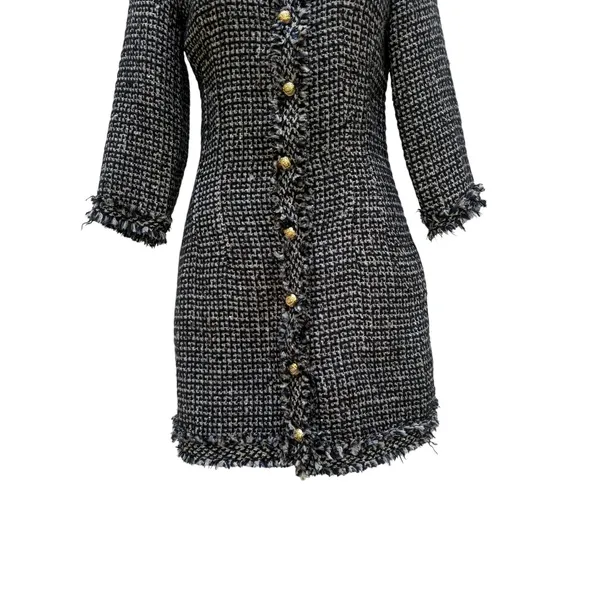 Zara‎ Tweed Mini Dress Size M Black Blue Gold Button Frayed Trim Classic Preppy - Image 3