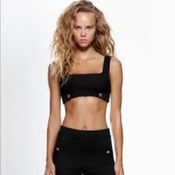 Zara Black Textured Ottoman Crop Top Black with Gold Buttons Large - Image 2