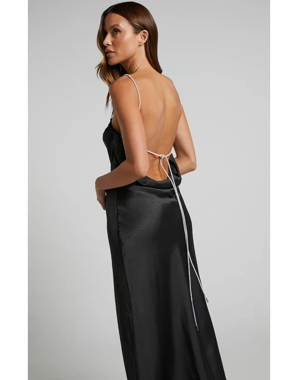 Showpo Archie Maxi Dress - Cowl Back Diamanté Strap Satin Dress In Black - Image 2