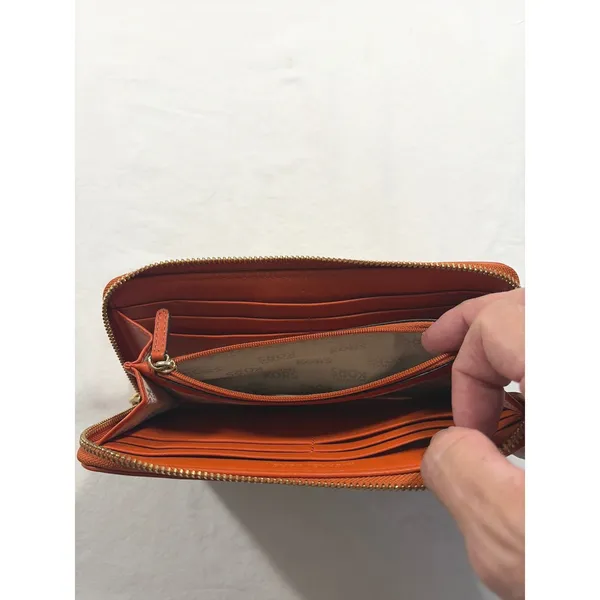 Michael Kors Jet Set Wallet Brown Monogram Canvas Orange Leather Zip Around - Image 10