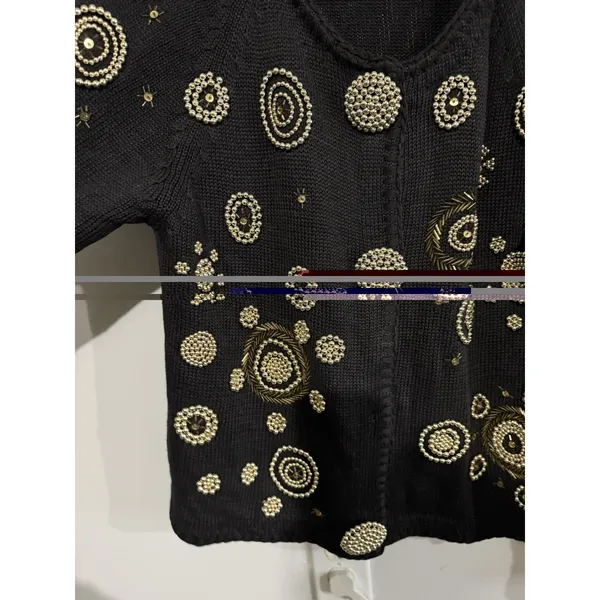 Vintage 90's VICTORIA HARBOUR Black & Gold Beaded Knit Cardigan Size S NEW YEAR - Image 2