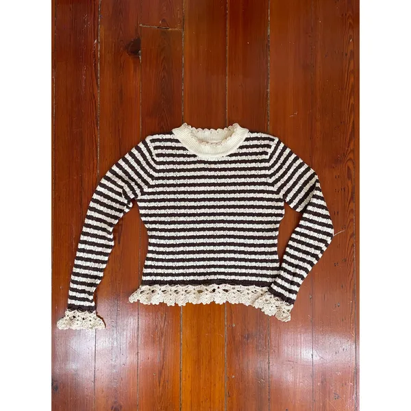 Bohme NWT Striped Crochet Trim Sweater Womens Medium Brown Cream - Image 3