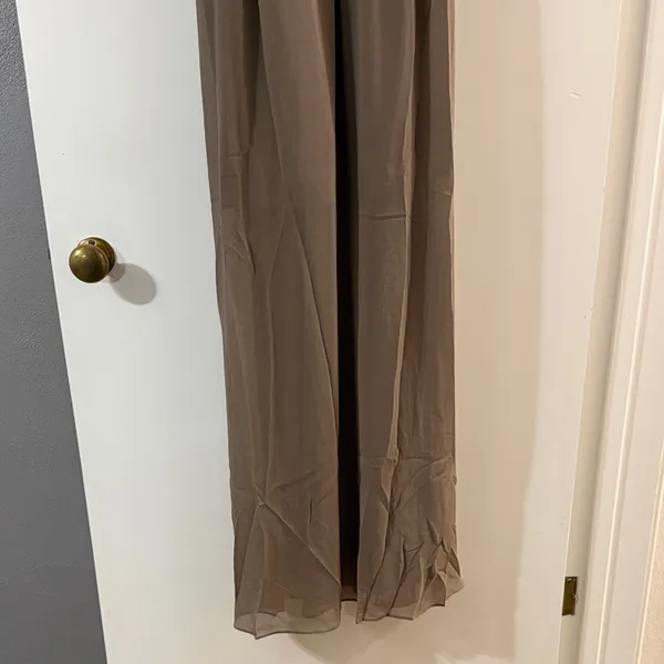 Hayden Taupe Maxi Dress with Ruffle Neckline and Crisscross Straps - Image 3