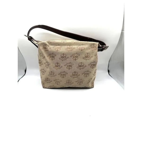 Dooney & Bourke Beige Signature Logo Canvas Shoulder Bag Brown Leather Strap - Image 11