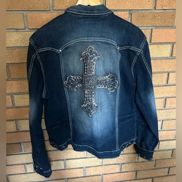 Ethyl Vintage Jean Denim Jacket Women’s Size 1X Gemstone Bedazzled Cross Y2K - Image 8