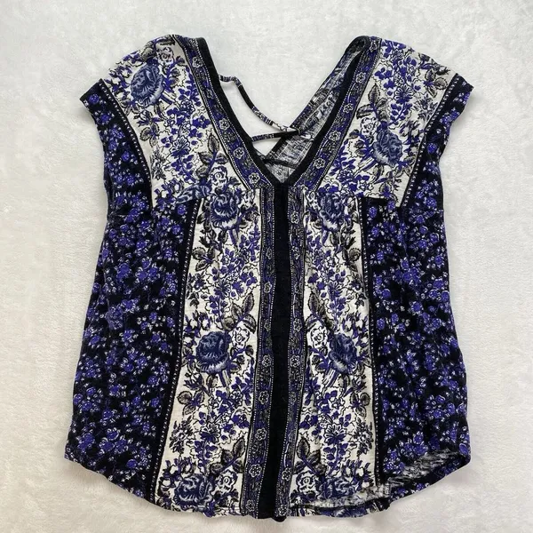 Lucky Brand top Womens S Short Sleeve Peasant Blue Print floral - flaw‎ - Image 5