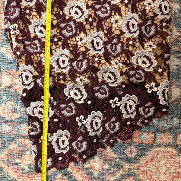 Bardot Floral Lace Midi Dress Burgundy Cream V-Neck Asymmetrical Hem Size US 6 - Image 10