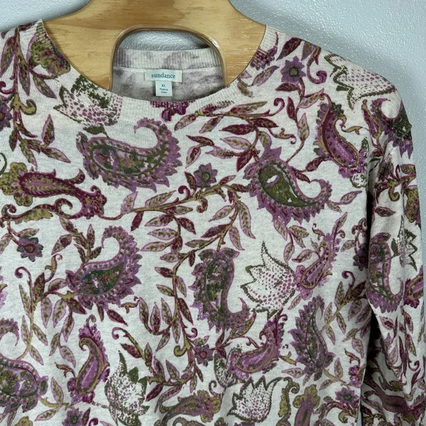 Sundance Purple Green Paisley Crew Neck Wool Blend Lightweight‎ Sweater Size XL - Image 2