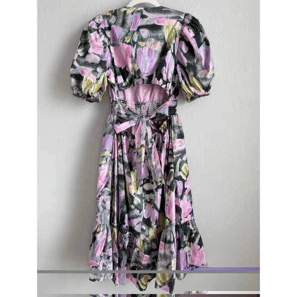 PINCH Watercolor Abstract Floral Midi Dress Smocked Puff Sleeve V-Neck Pink Sz M - Image 2