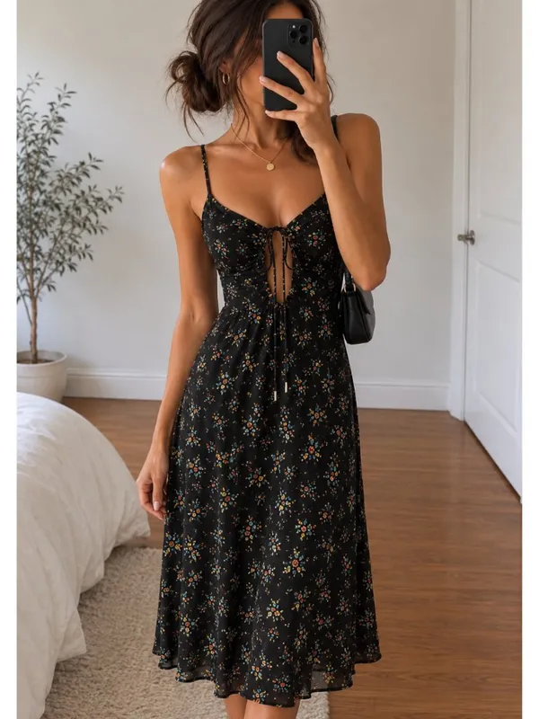 AFRM Cora Keyhole Floral Midi Dress Small Black Ditsy Floral Sold Out $118 - Image 15