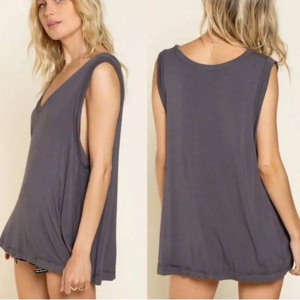 POL Tank Top Charcoal Grey V-Neck Pleated Shoulder Hem Size Large - Image 13