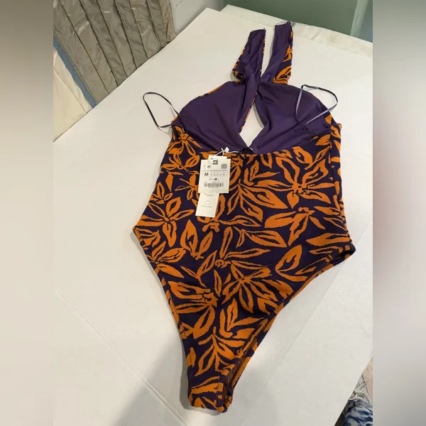 Zara Purple and Orange Floral One-Piece Swimsuit - Image 6