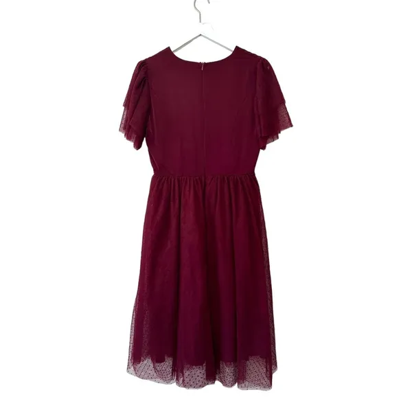 Ivy City Co Maroon Swiss Dot Flutter Sleeve Midi Dress Size Small - Image 7