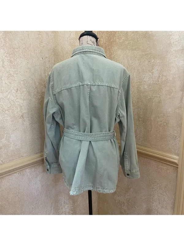 Zara denim belted cotton jean jacket sage green Sz XL - Image 8