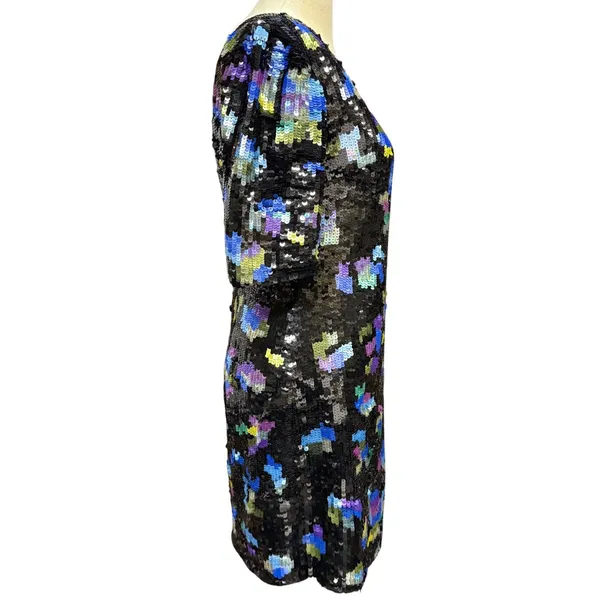 VTG Tracy Reese 4 Floral Sequin Mini Dress Blue Scoop Back Party Glam Evening - Image 3