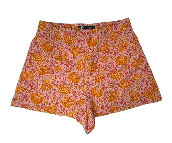 Zara Women's Medium Printed Bright Linen Blend Shorts Orange Pink Floral Pattern - Image 2