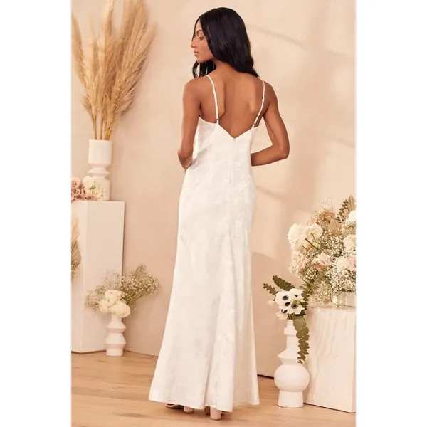 Lulus Promise My Passion White Satin Jacquard Maxi Dress V Neck Floral M - Image 6