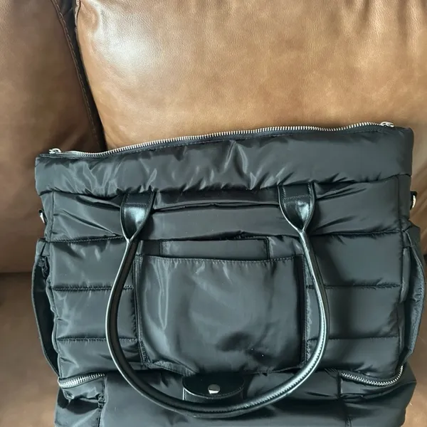 Black Puffy Quilted Tote with Double Handles - Image 2