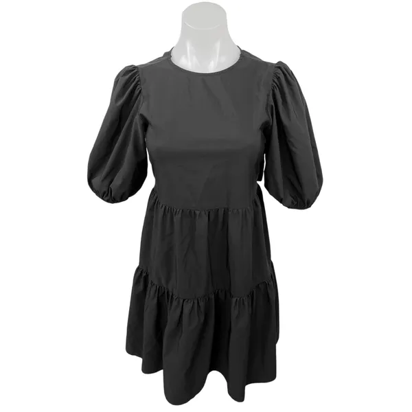 Zara Black Puff Sleeve Open Back Cocktail A Line Tiered Mini Dress Size XS - Image 4
