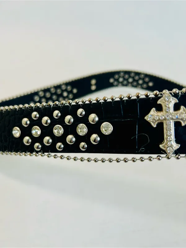 Western Black Leather Belt with Crystal Studded Rhinestones, Engraved Buckke - Image 13