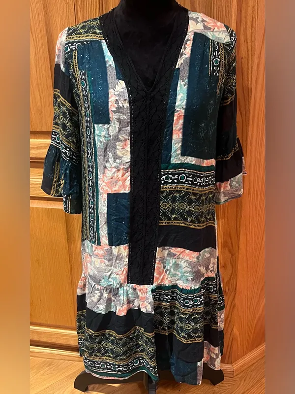 Anthropologie Maeve Patchwork‎ Lace Trim Peasant Mini Dress Tunic Green Size XS - Image 5