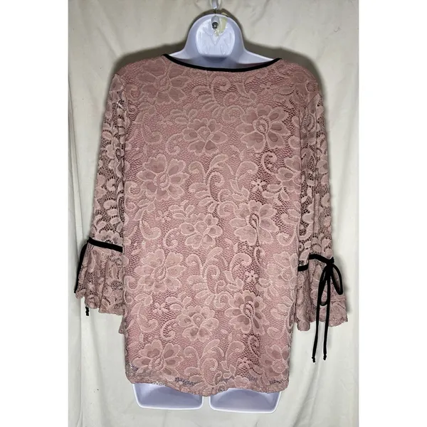 Onyx Apparel Women’s Lace Blouse L Pink/Black Pearl V-Neck Bell Sleeve 20195CM - Image 2