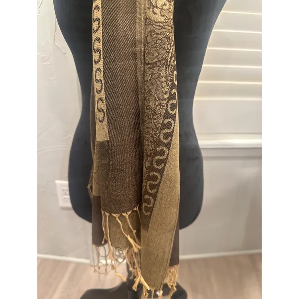 Elegant Brown Gold Paisley Print Scarf Wrap Fringe Viscose Acrylic winter boho - Image 2
