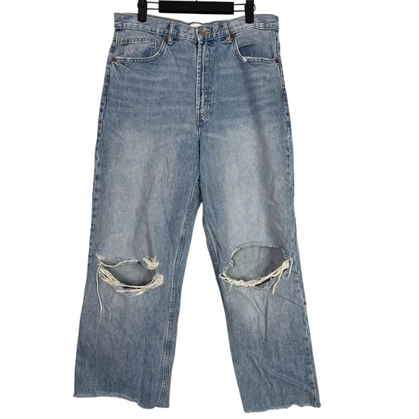 Zara Vintage Style Wide Leg Distressed Cropped Ankle Jean Raw Hem Cotton 10 Blue - Image 11