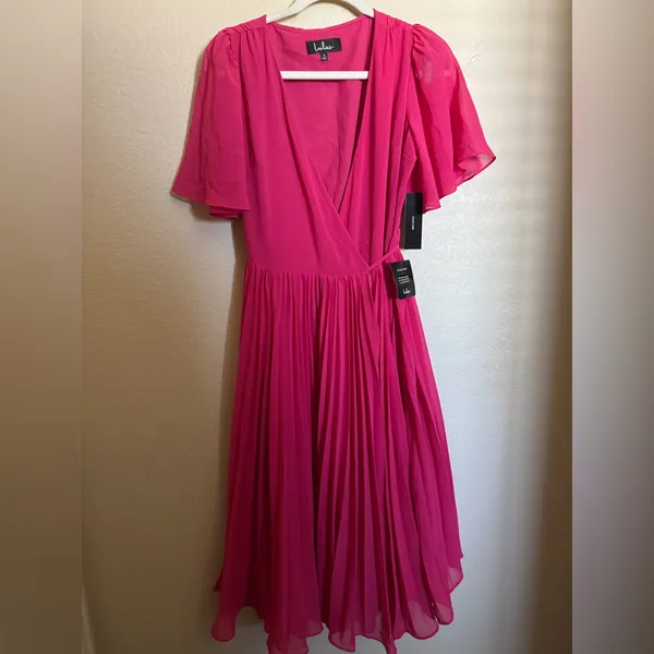 Lulus Pleats to‎ Meet You Fuchsia Pink Pleated Midi Wrap Dress Size Small NEW - Image 3