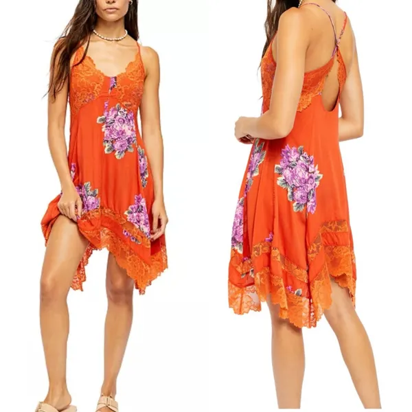 Free people Orange Floral Lace Trim slip Dress with asymmetrical hem, size S - Image 2