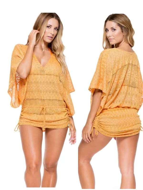Luli Fama Obsession Cabana kimono sleeves dress, crochet knit, mustard yellow, M - Image 2