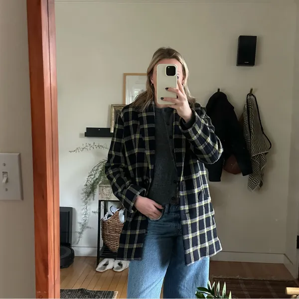 Derek Lam 10 Crosby Plaid Cocoon Coat Women's 4 Navy and Yellow Wool Blend Lined - Image 11