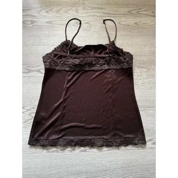 Worthington Brown Satin Camisole Lace Trim V-Neck Adjustable Straps Top Large - Image 3