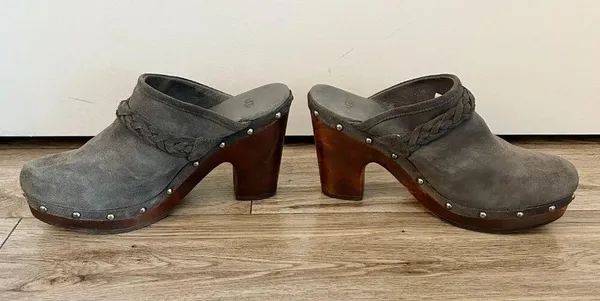 UGG Australia Dark Gray Fleece Kaylee Wooden Platform Clogs Size 9 - Image 4