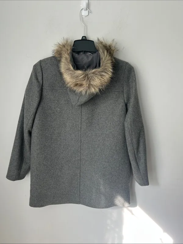 J.Crew Mercantile Gray Wool Blend Faux Fur Hooded Coat Jacket Size 10 ©️ - Image 5