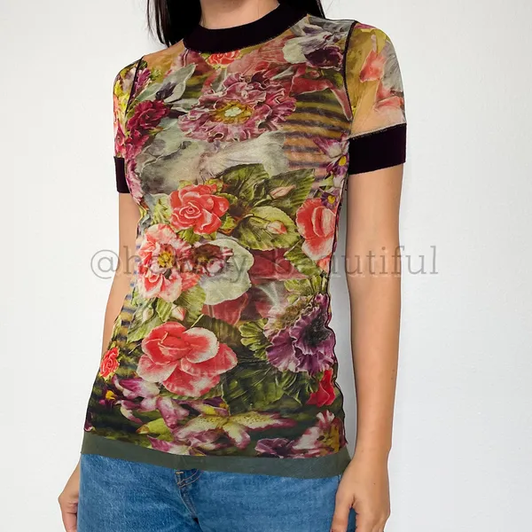 Vintage 2000's Jean Paul Gaultier Soleil Striped Floral Mesh Top Size medium - Image 2