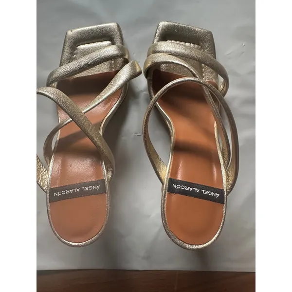 Angel Alarcon Metallic Gold Leather Square Toe Strappy Block Heel Sandals 36 - Image 5
