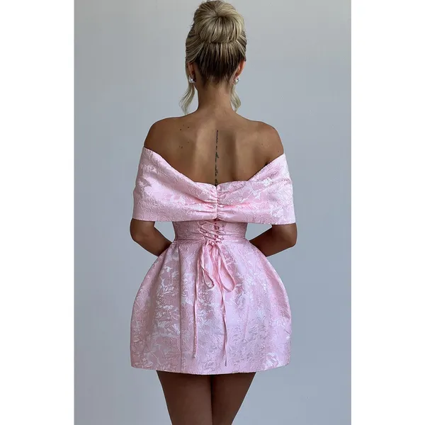 NWT Babyboo Raquel Blush Floral Jacquard Bow Off-The-Shoulder Mini Dress Size M - Image 8