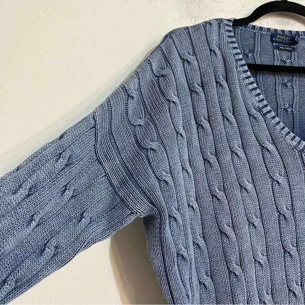 Polo Ralph Lauren Blue Cable Knit Pima Cotton V-Neck Sweater Fisherman Preppy - Image 3