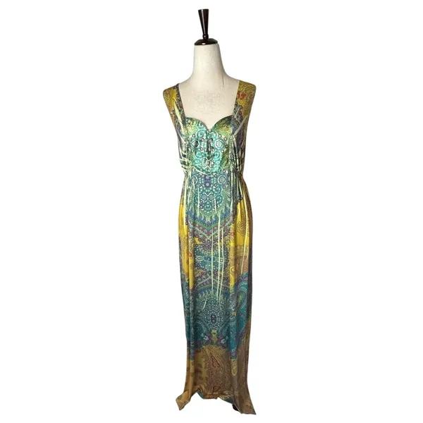 One World Dress Women XL‎ Yellow Green Floral Paisley Maxi Casual Boho Colorful - Image 2