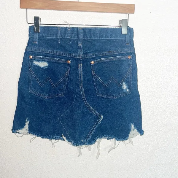 Furst Of A Kind Dark Wash Wrangler Denim Distressed Mini Skirt - Image 7